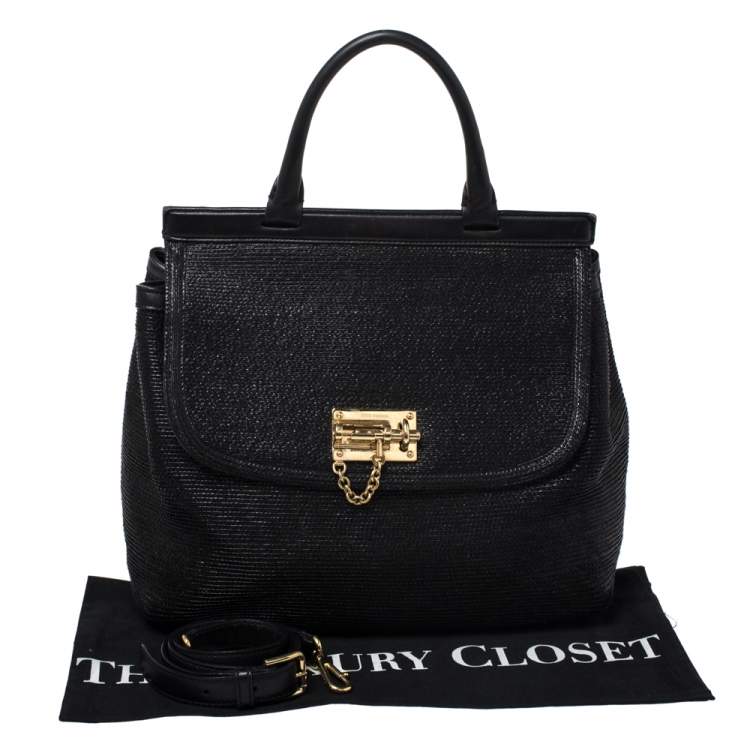 Pre Owned Dolce & Gabbana Black Woven Straw and Leather Miss Sicily Top Handle Bag
