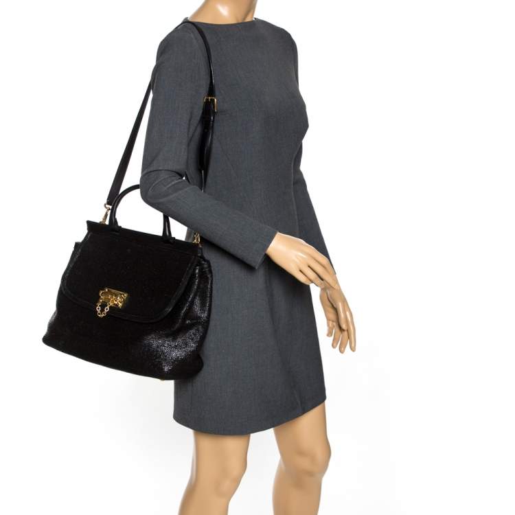 Pre Owned Dolce & Gabbana Black Woven Straw and Leather Miss Sicily Top Handle Bag