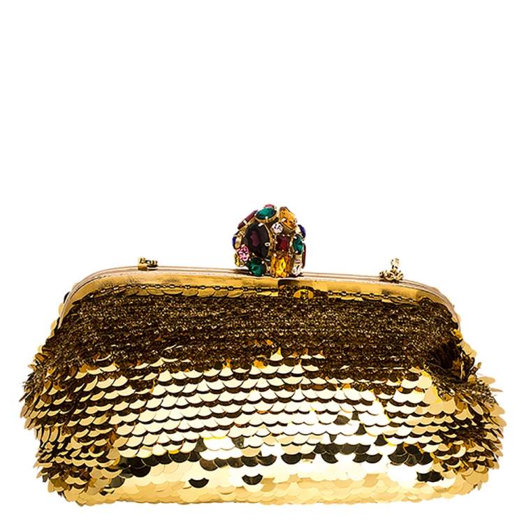 Pre Owned Dolce & Gabbana Gold Sequin Crystal Embellished Lock Frame Chain Clutch