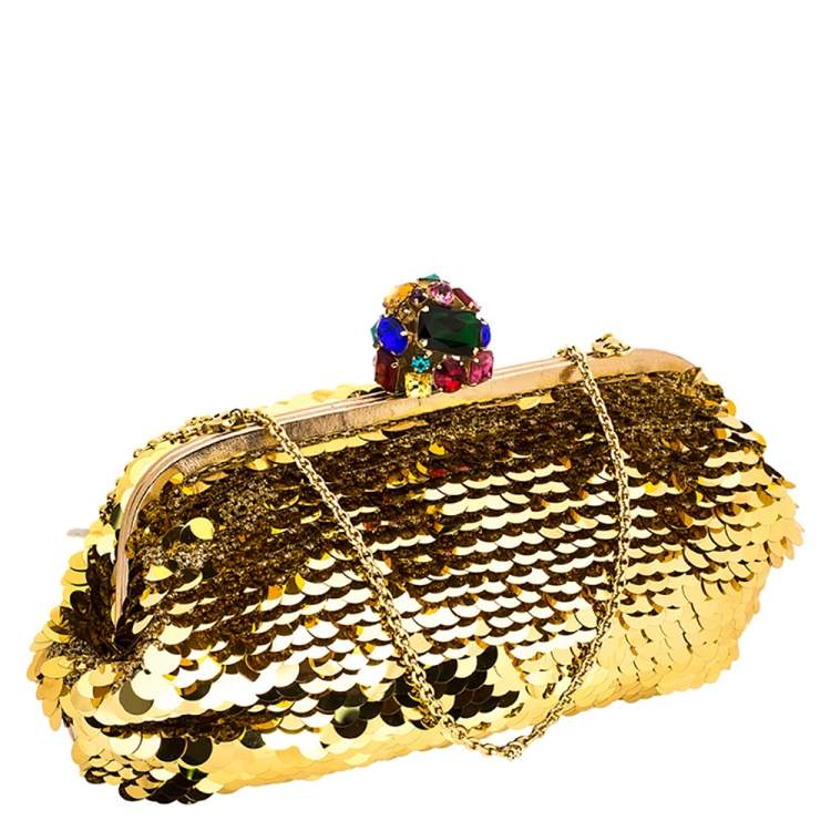 Pre Owned Dolce & Gabbana Gold Sequin Crystal Embellished Lock Frame Chain Clutch