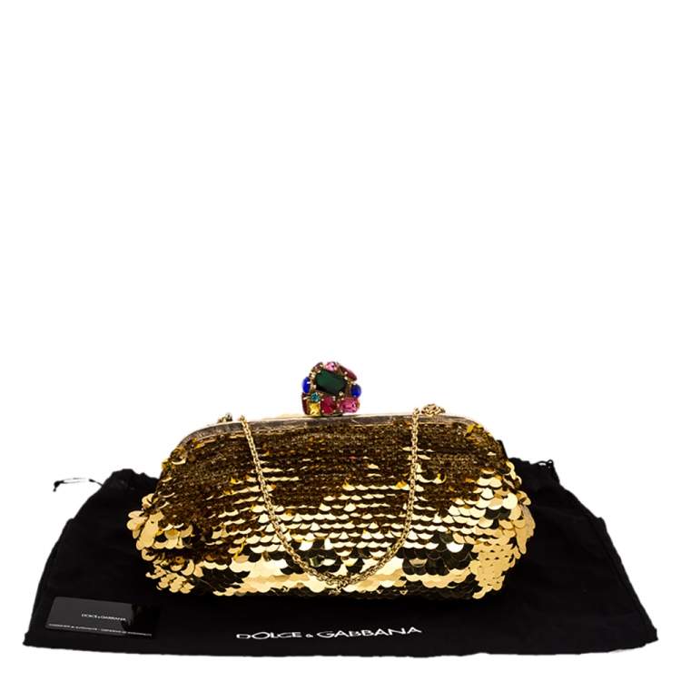 Pre Owned Dolce & Gabbana Gold Sequin Crystal Embellished Lock Frame Chain Clutch