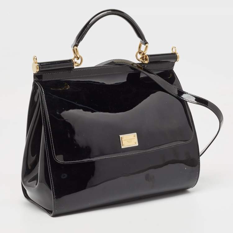 Pre Owned Dolce & Gabbana Black Patent Leather Large Miss Sicily Top Handle Bag