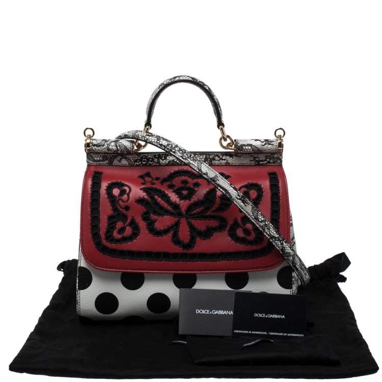 Pre Owned Dolce & Gabbana Black/White Polka Dots Leather Floral Cut Out Medium Miss Sicily Top Handle Bag