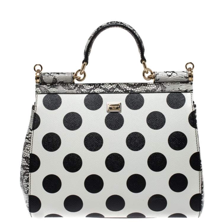 Pre Owned Dolce & Gabbana Black/White Polka Dots Leather Floral Cut Out Medium Miss Sicily Top Handle Bag