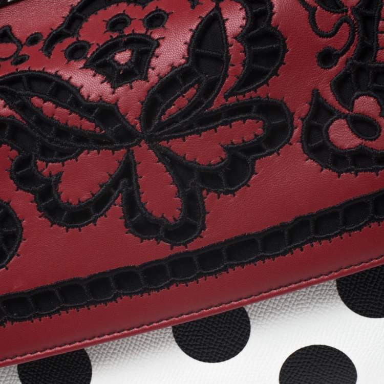 Pre Owned Dolce & Gabbana Black/White Polka Dots Leather Floral Cut Out Medium Miss Sicily Top Handle Bag