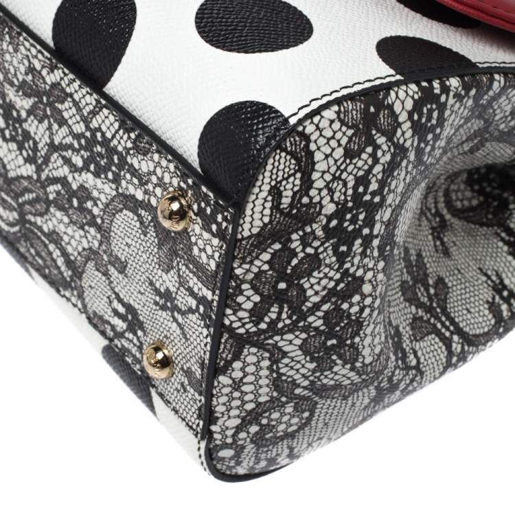 Pre Owned Dolce & Gabbana Black/White Polka Dots Leather Floral Cut Out Medium Miss Sicily Top Handle Bag