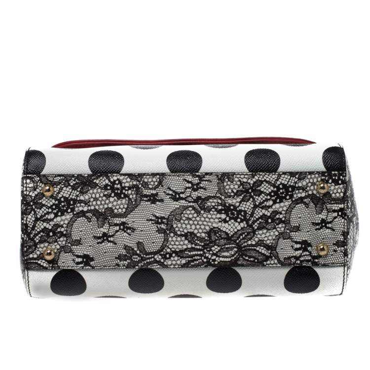 Pre Owned Dolce & Gabbana Black/White Polka Dots Leather Floral Cut Out Medium Miss Sicily Top Handle Bag
