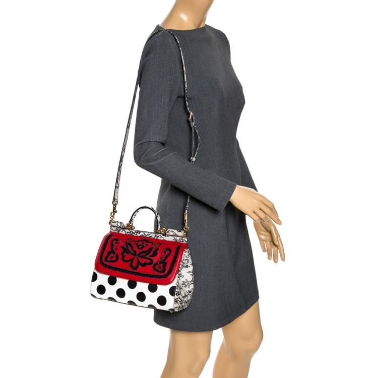 Pre Owned Dolce & Gabbana Black/White Polka Dots Leather Floral Cut Out Medium Miss Sicily Top Handle Bag