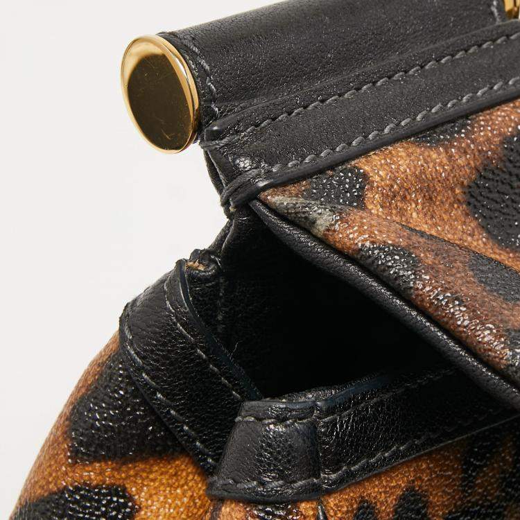 Pre Owned Dolce & Gabbana Black/Brown Leopard Print Coated Canvas and Leather Large Miss Sicily Top Handle Bag