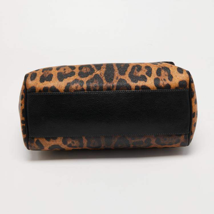 Pre Owned Dolce & Gabbana Black/Brown Leopard Print Coated Canvas and Leather Large Miss Sicily Top Handle Bag