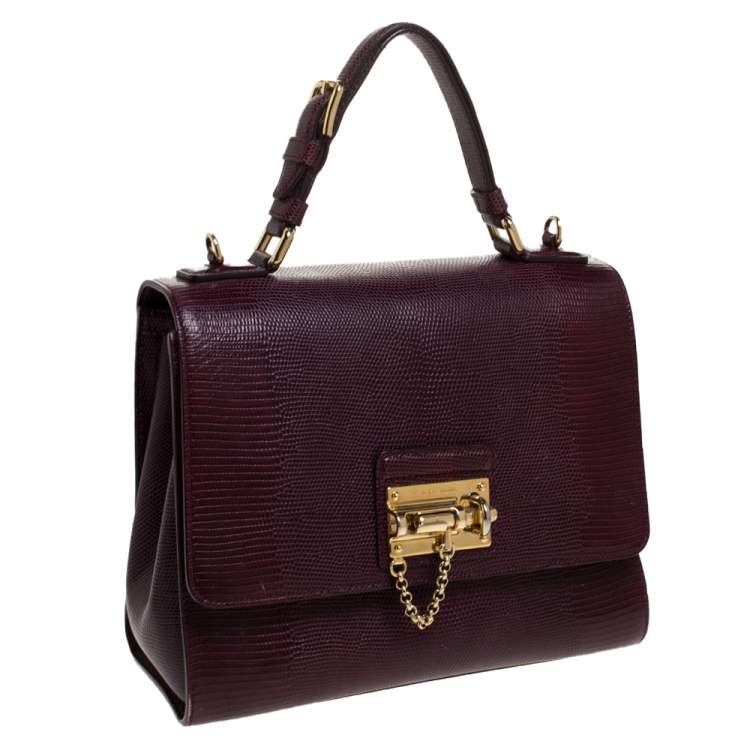 Pre Owned Dolce & Gabbana Burgundy Lizard Embossed Leather Small Monica Bag