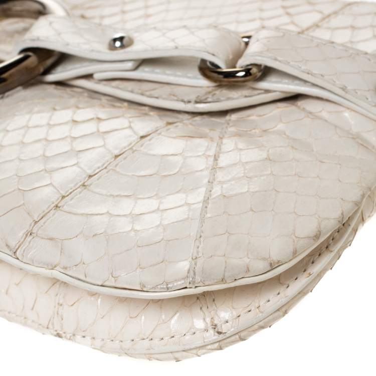 Pre Owned Dolce & Gabbana Off White Python Ring Flap Shoulder Bag