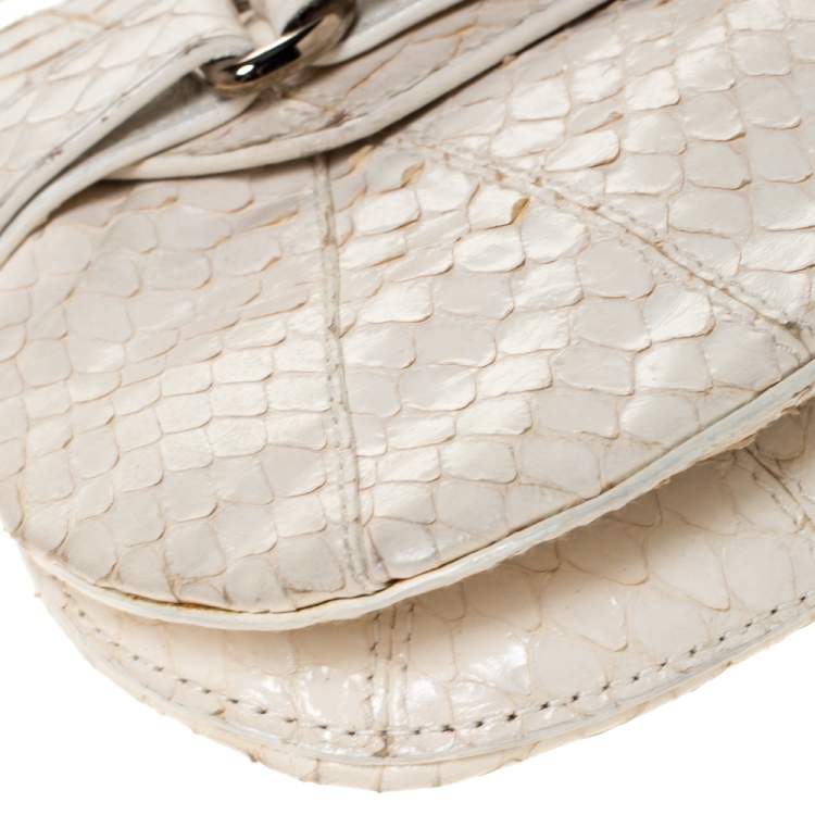 Pre Owned Dolce & Gabbana Off White Python Ring Flap Shoulder Bag