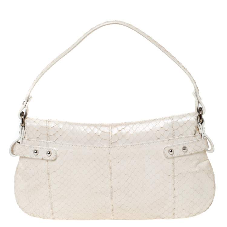 Pre Owned Dolce & Gabbana Off White Python Ring Flap Shoulder Bag
