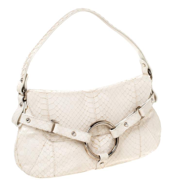Pre Owned Dolce & Gabbana Off White Python Ring Flap Shoulder Bag