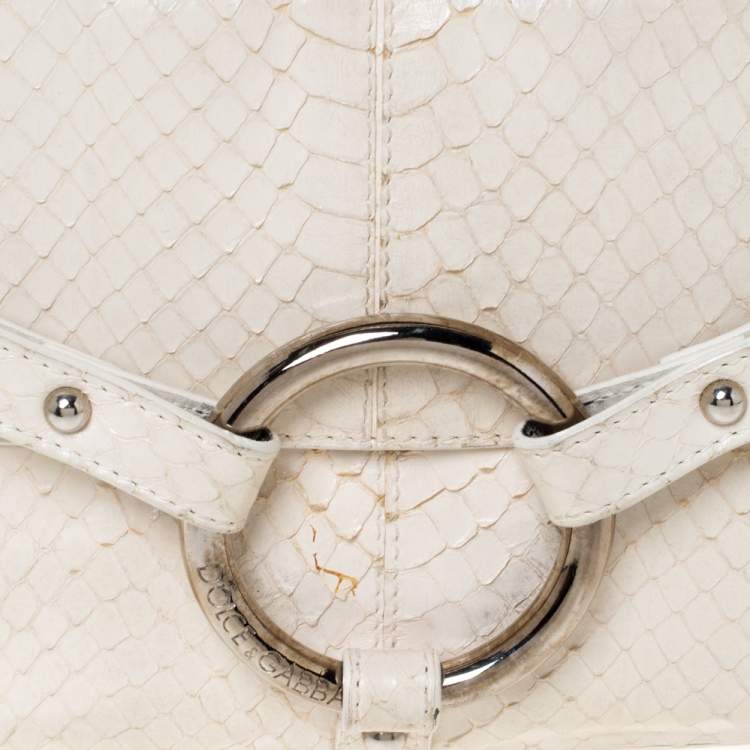 Pre Owned Dolce & Gabbana Off White Python Ring Flap Shoulder Bag