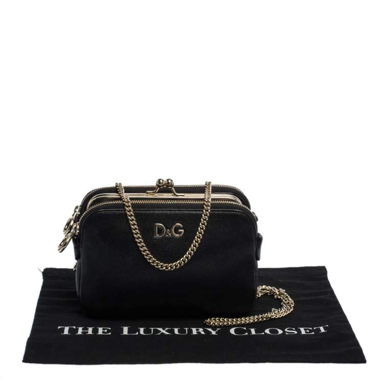 Pre Owned Dolce & Gabbana Black Leather Small Lily Twist Kiss Lock Clutch