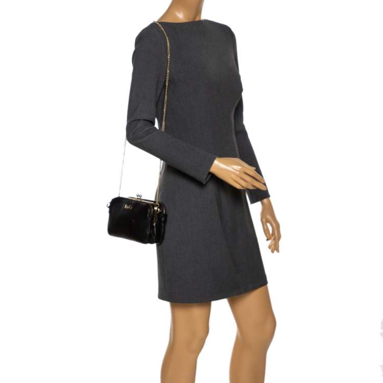 Pre Owned Dolce & Gabbana Black Leather Small Lily Twist Kiss Lock Clutch