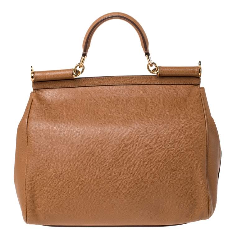 Pre Owned Dolce & Gabbana Tan Leather Large Miss Sicily Top Handle Bag