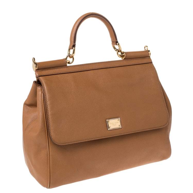 Pre Owned Dolce & Gabbana Tan Leather Large Miss Sicily Top Handle Bag
