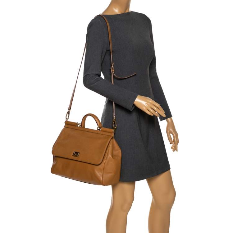 Pre Owned Dolce & Gabbana Tan Leather Large Miss Sicily Top Handle Bag
