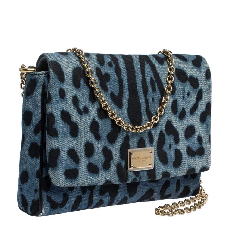Pre Owned Dolce & Gabbana Blue Leopard Printed Denim Shoulder Bag