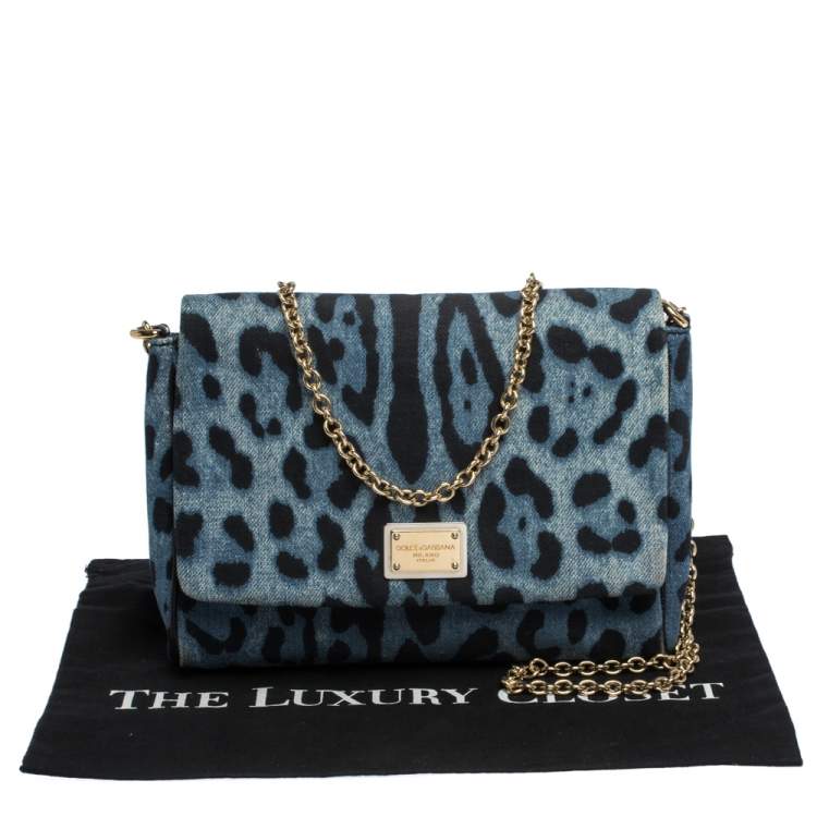 Pre Owned Dolce & Gabbana Blue Leopard Printed Denim Shoulder Bag
