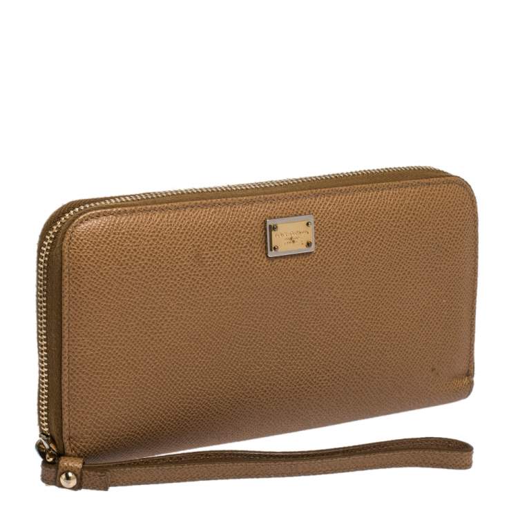 Pre Owned Dolce & Gabbana Tan Leather Strappy Zip Around Wallet