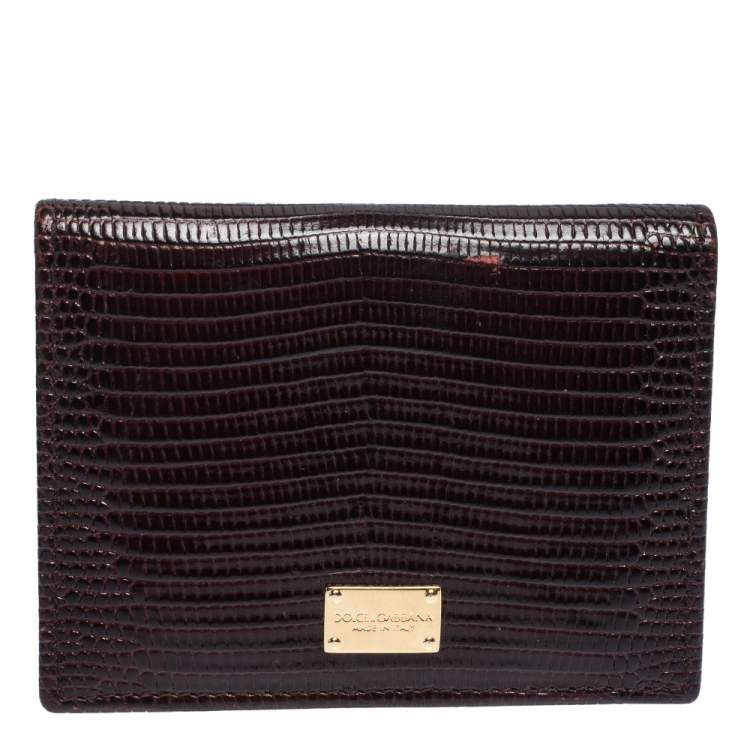 Pre Owned Dolce & Gabbana Dark Brown Lizard Embossed Leather Flap Card Holder