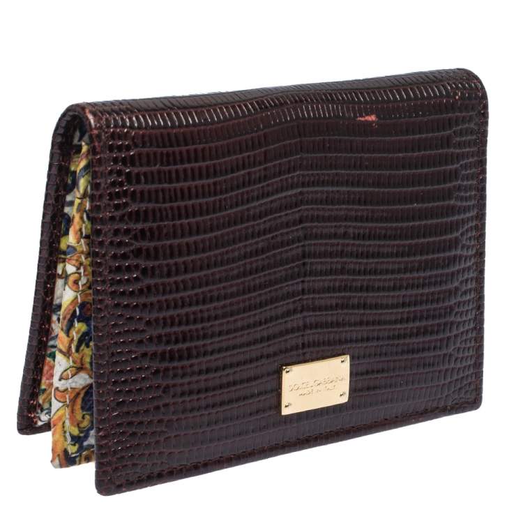 Pre Owned Dolce & Gabbana Dark Brown Lizard Embossed Leather Flap Card Holder