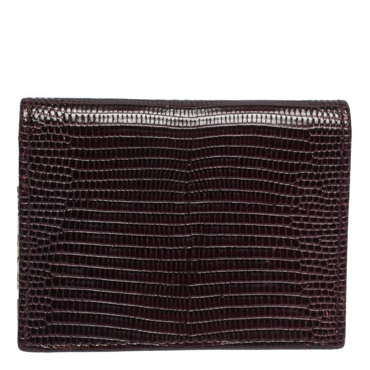 Pre Owned Dolce & Gabbana Dark Brown Lizard Embossed Leather Flap Card Holder
