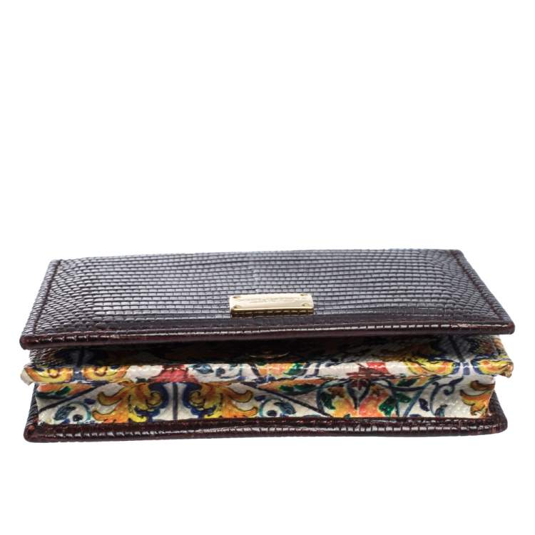 Pre Owned Dolce & Gabbana Dark Brown Lizard Embossed Leather Flap Card Holder