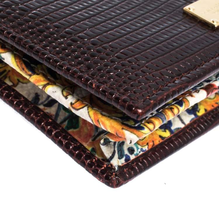Pre Owned Dolce & Gabbana Dark Brown Lizard Embossed Leather Flap Card Holder