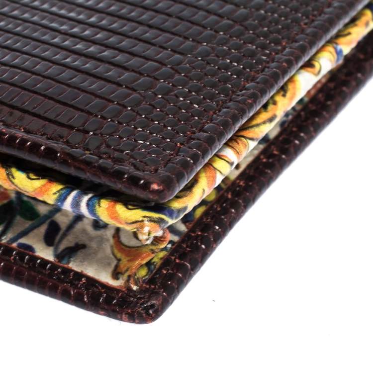Pre Owned Dolce & Gabbana Dark Brown Lizard Embossed Leather Flap Card Holder