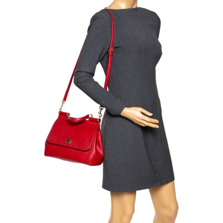 Pre Owned Dolce & Gabbana Red Leather Medium Miss Sicily Top Handle Bag