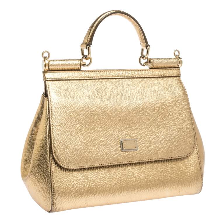 Pre Owned Dolce & Gabbana Metallic Gold Leather Medium Miss Sicily Top Handle Bag