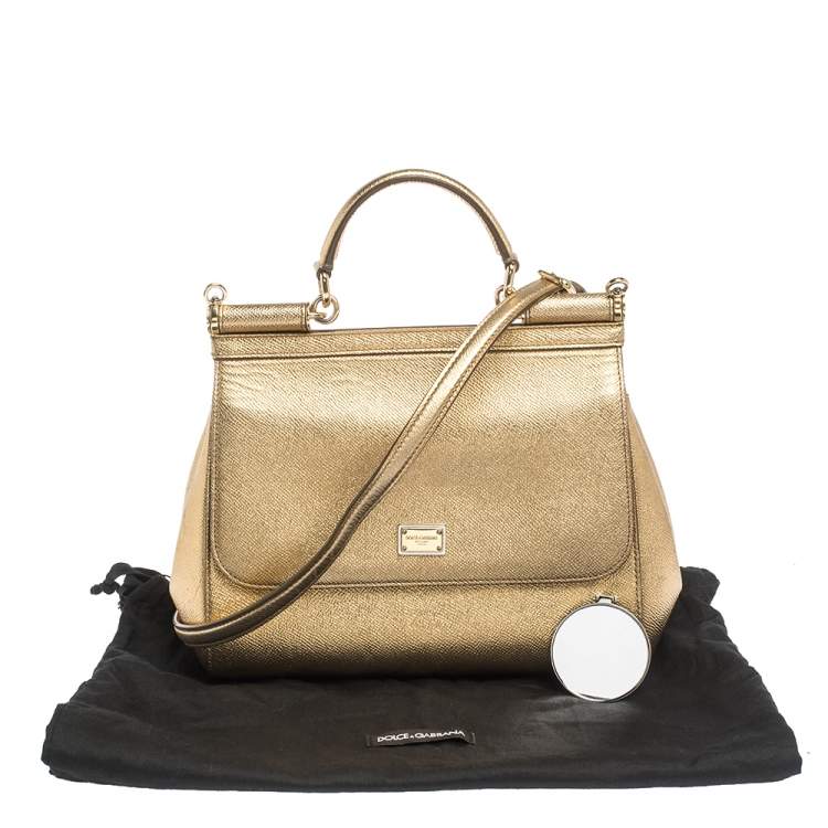Pre Owned Dolce & Gabbana Metallic Gold Leather Medium Miss Sicily Top Handle Bag