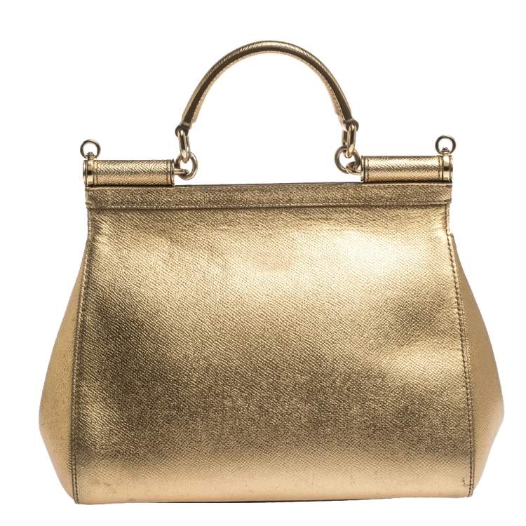 Pre Owned Dolce & Gabbana Metallic Gold Leather Medium Miss Sicily Top Handle Bag