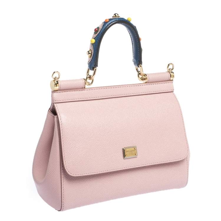 Pre Owned Dolce & Gabbana Powder Pink Embellished Leather Small Miss Sicily Top Handle Bag
