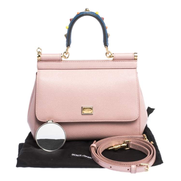 Pre Owned Dolce & Gabbana Powder Pink Embellished Leather Small Miss Sicily Top Handle Bag