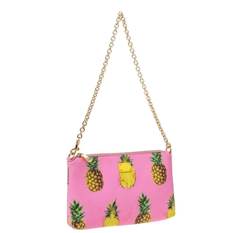 Pre Owned Dolce & Gabbana Pink Pineapple Print Leather Chain Clutch