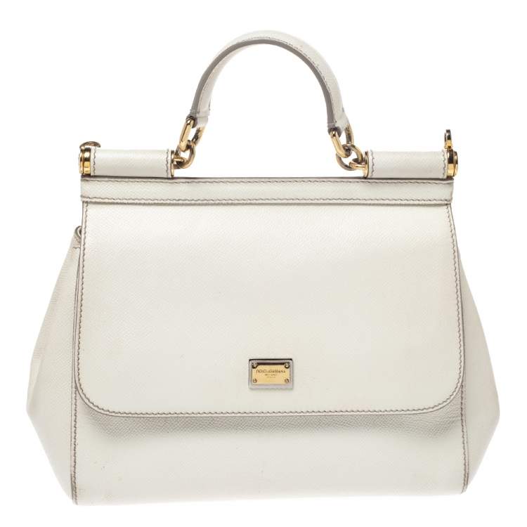 Pre Owned Dolce & Gabbana White Leather Medium Miss Sicily Top Handle Bag