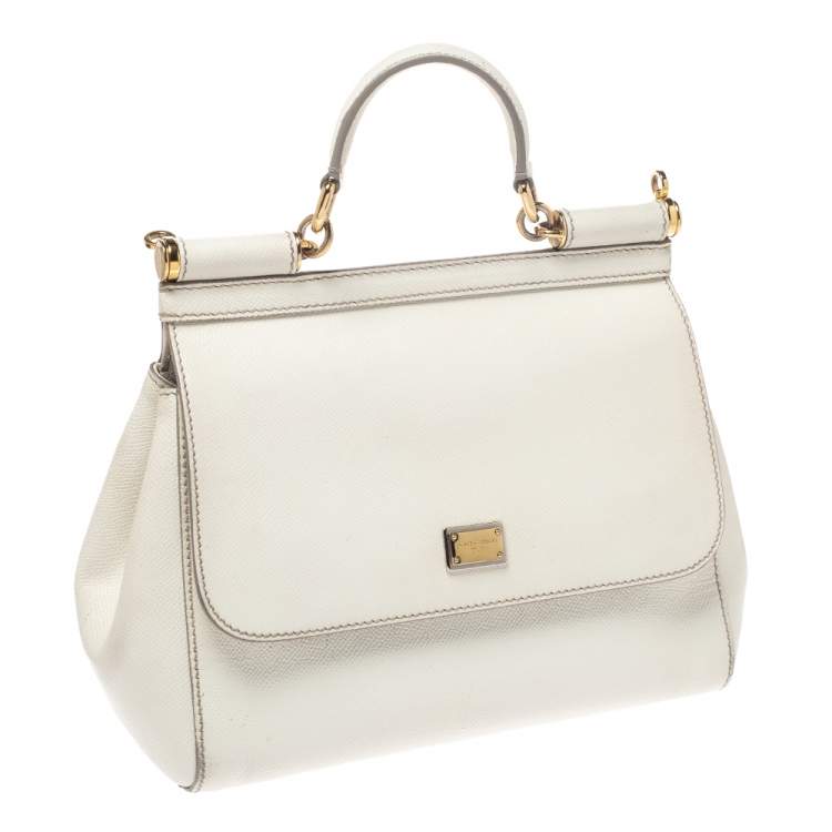 Pre Owned Dolce & Gabbana White Leather Medium Miss Sicily Top Handle Bag