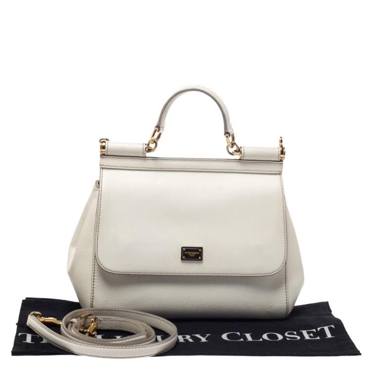 Pre Owned Dolce & Gabbana White Leather Medium Miss Sicily Top Handle Bag
