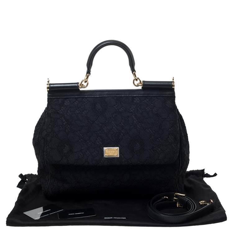 Pre Owned Dolce & Gabbana Black Lace and Leather Miss Sicily Top Handle Bag