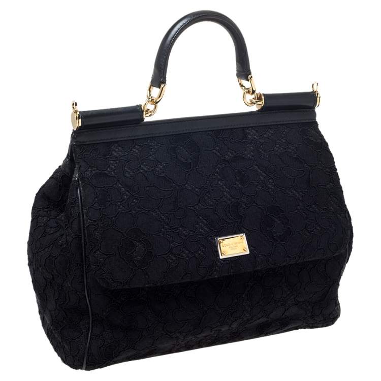 Pre Owned Dolce & Gabbana Black Lace and Leather Miss Sicily Top Handle Bag