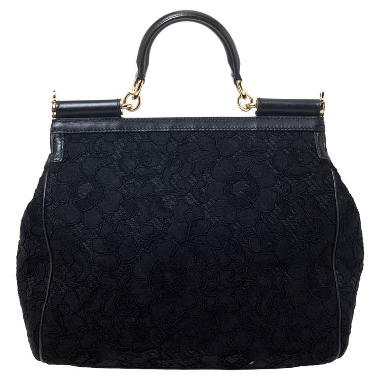 Pre Owned Dolce & Gabbana Black Lace and Leather Miss Sicily Top Handle Bag