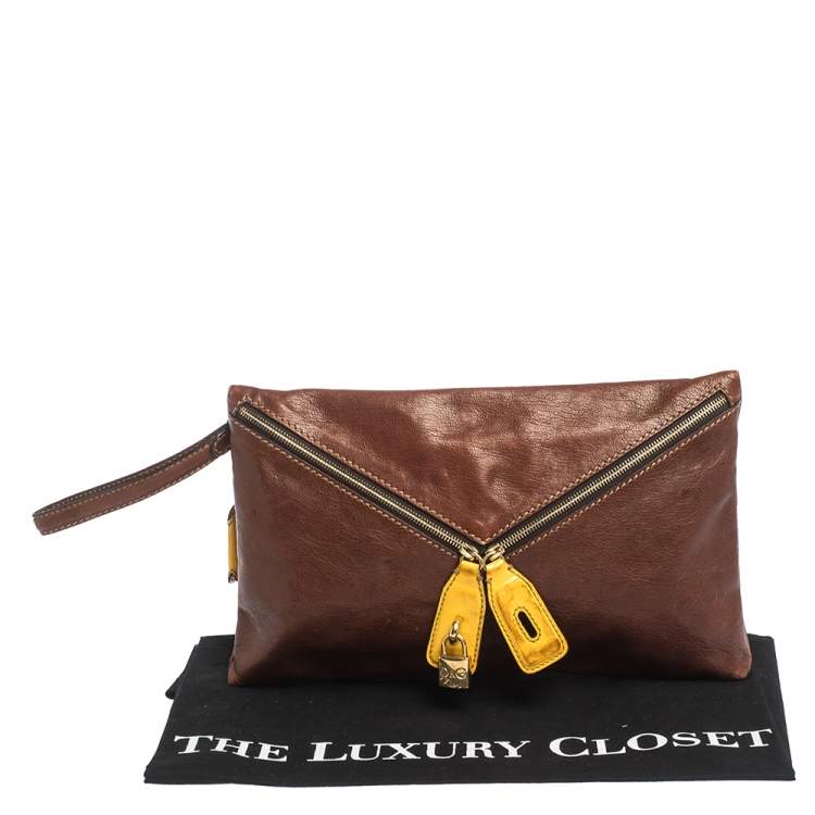 Pre Owned D&G Tan/Yellow Leather Wristlet Clutch