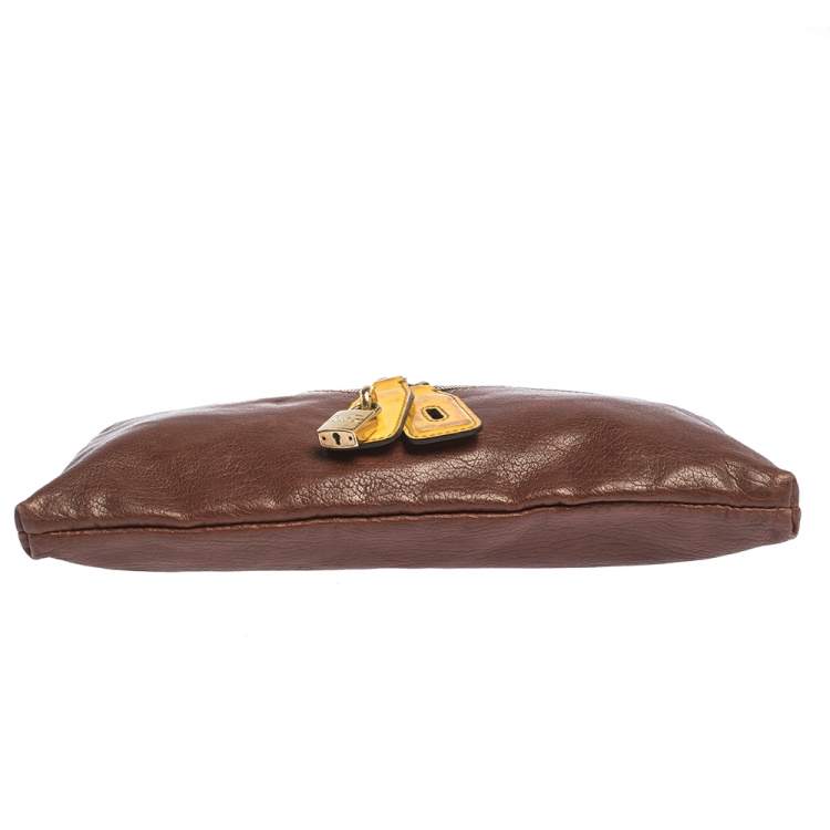 Pre Owned D&G Tan/Yellow Leather Wristlet Clutch