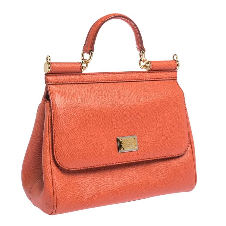 Pre Owned Dolce & Gabbana Orange Leather Medium Miss Sicily Top Handle Bag